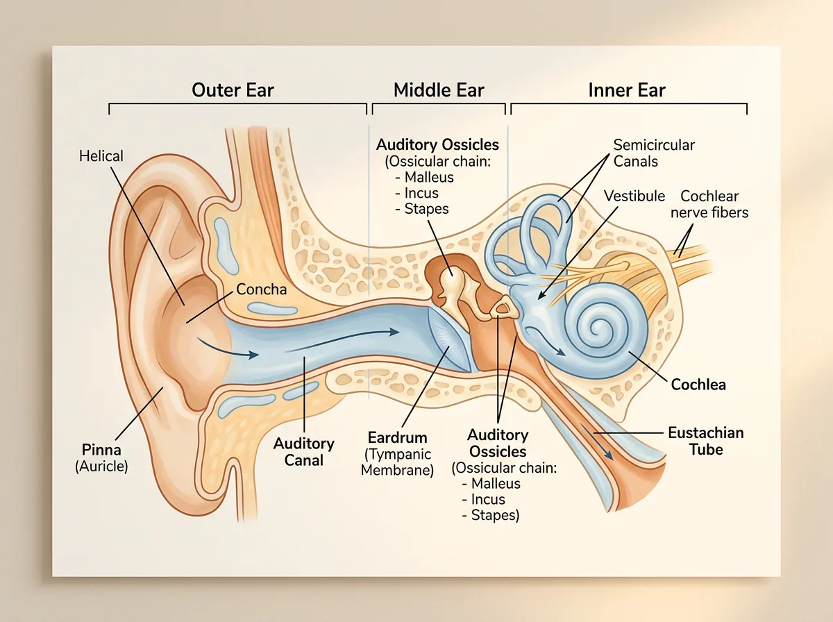 Anatomisk illustration af det menneskelige øre i tværsnit - uddannelsesillustration