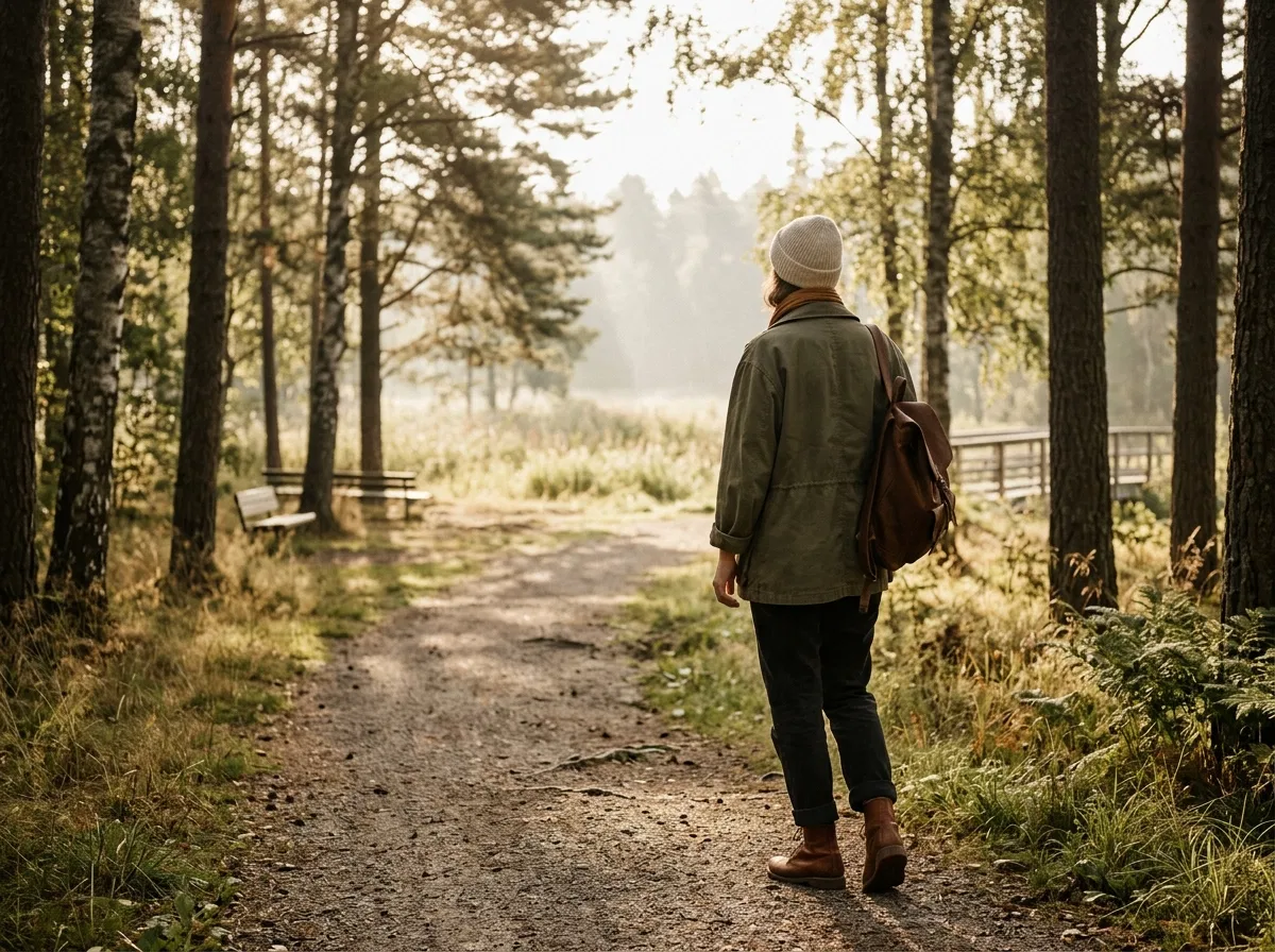 Person der går en rolig morgentur i park - aktiv hverdagsstil